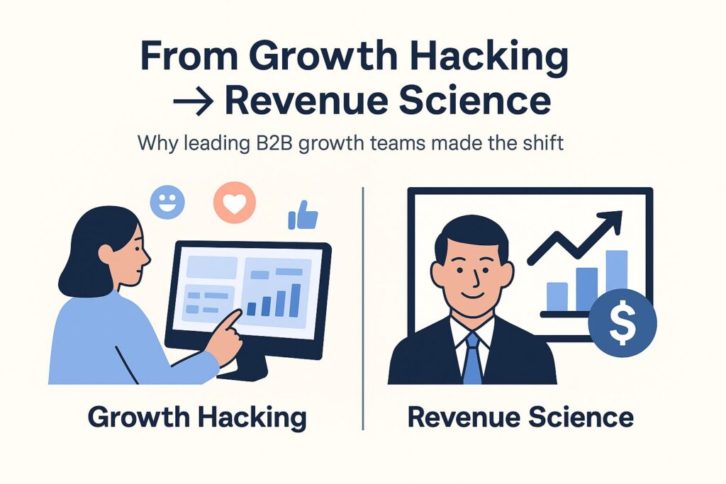 Flat-style infographic cover slide showing transition from growth hacking with vanity metrics to revenue science with ROI outcomes