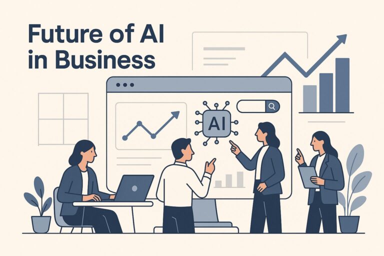 Flat-style illustration showing business professionals using AI tools and analytics for strategic decision-making.