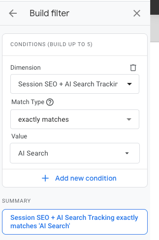 Screenshot of GA4 filter setup showing AI Search channel group condition