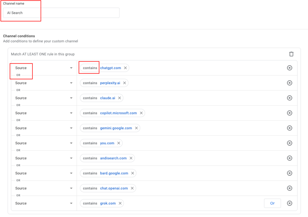 Google Analytics 4 custom channel group setup showing AI search referrers including ChatGPT, Perplexity, Claude, Copilot, Gemini, Bard, You.com, Andi, and Grok