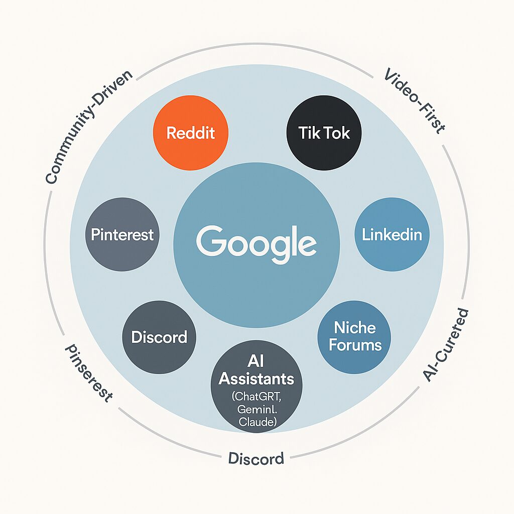 Circular diagram of the multi-platform search ecosystem in 2025, showing Google at the center surrounded by Reddit, YouTube, TikTok, LinkedIn, AI assistants, Pinterest, Discord, and niche forums