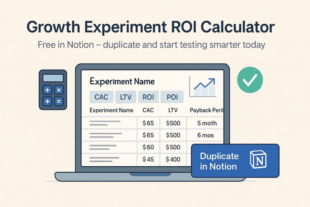 Flat-style illustration of a Notion ROI calculator with columns for CAC, LTV, ROI, and Payback Period, plus a “Duplicate in Notion” button