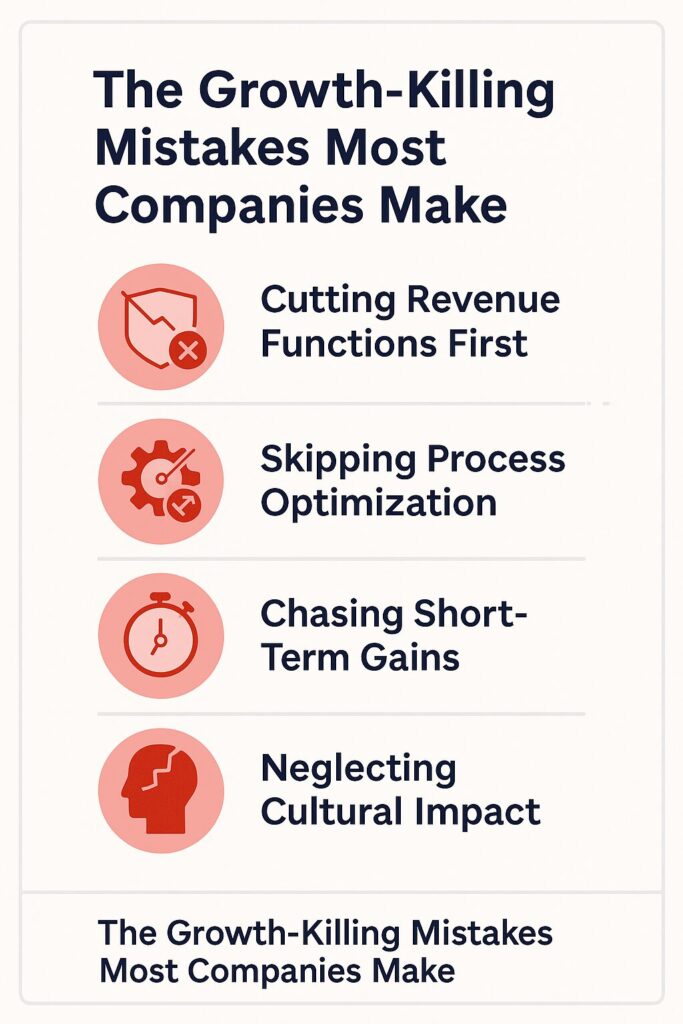 Flat-style infographic showing four numbered growth-killing mistakes with red warning icons, including cutting revenue functions, skipping process optimization, chasing short-term gains, and neglecting cultural impact