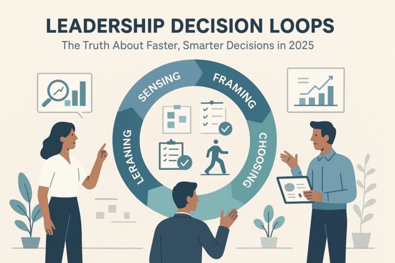 Flat-style illustration of leadership decision loops showing five steps — sensing, framing, choosing, acting, and learning — with business professionals collaborating.
