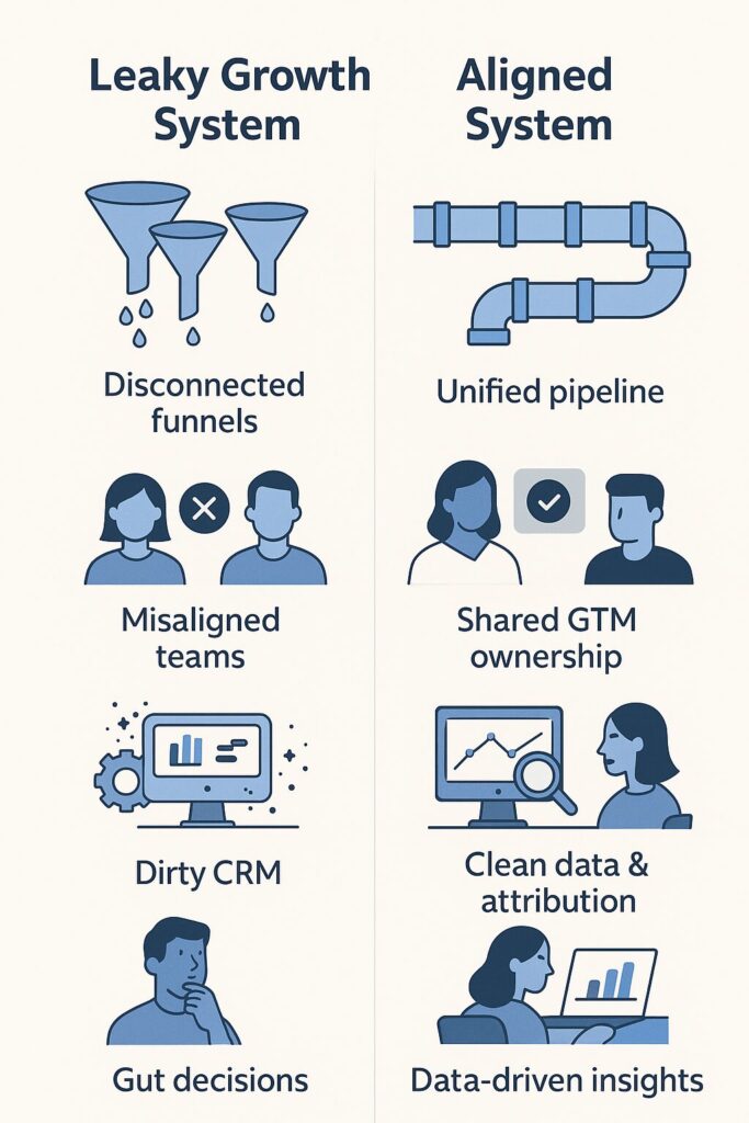 Flat-style infographic comparing leaky and aligned growth systems side-by-side, showing disconnected funnels, misaligned teams, dirty CRM, and gut decisions versus unified pipeline, shared GTM ownership, clean data, and data-driven insights.