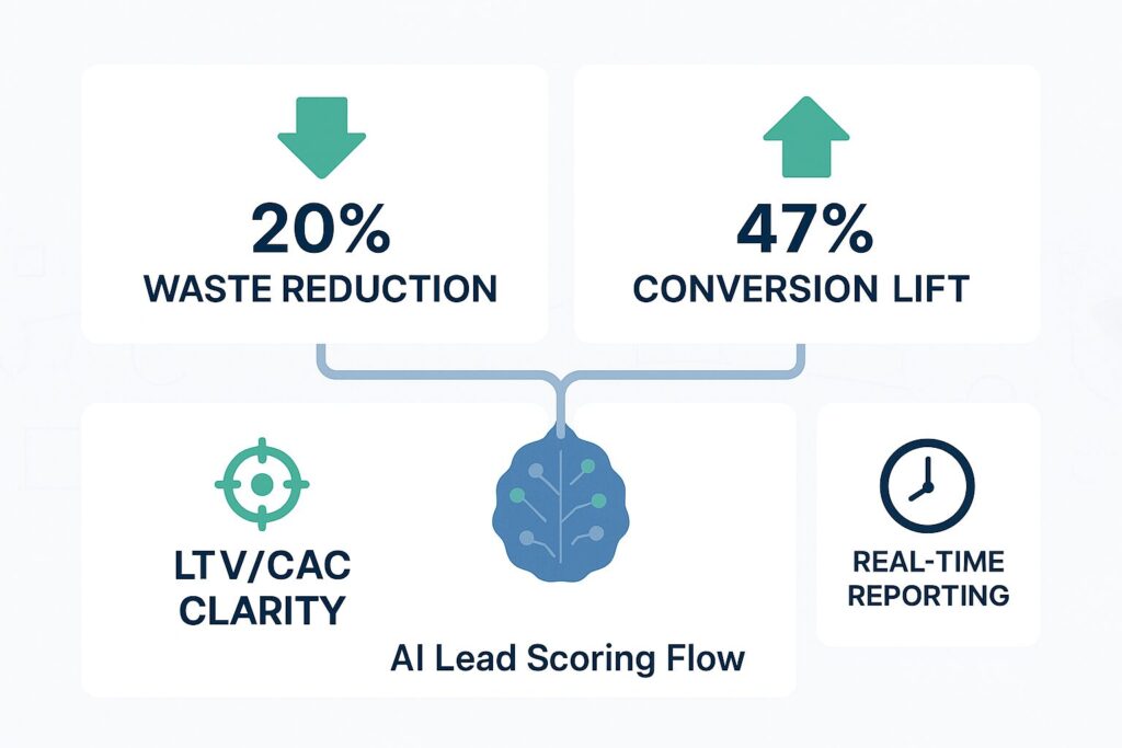 Flat-style B2B dashboard graphic showing four key marketing efficiency metrics in card layout: 20% Waste Reduction, 47% Conversion Lift, LTV/CAC Clarity, and Real-Time Reporting.