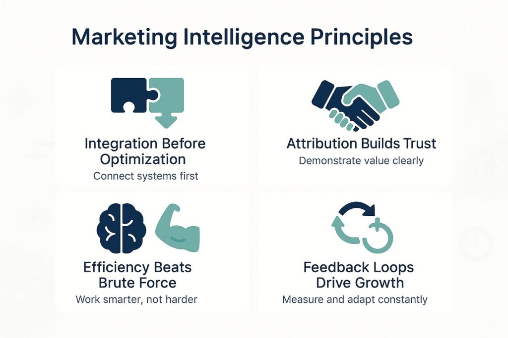 Flat-style B2B four-quadrant infographic titled “Marketing Intelligence Principles” with sections for Integration Before Optimization, Attribution Builds Trust, Efficiency Beats Brute Force, and Feedback Loops Drive Growth, each with an icon and one-line explanation.