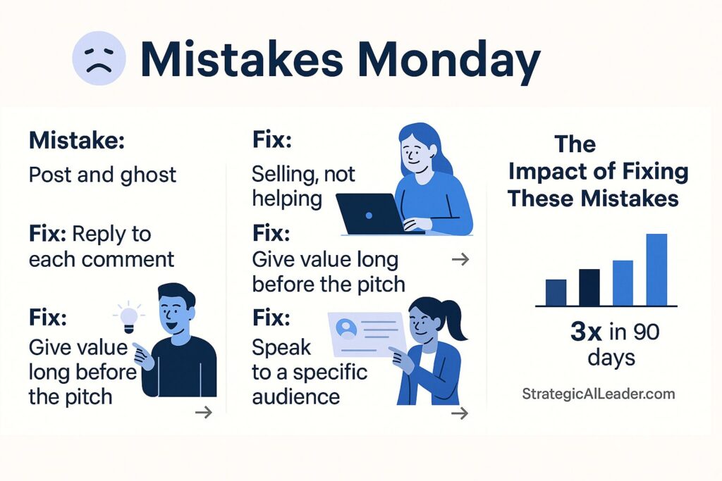 Flat-style LinkedIn carousel featuring five marketing mistakes and fixes, including “Post and Ghost,” “Selling, Not Helping,” and a chart showing 3x growth impact in 90 days.