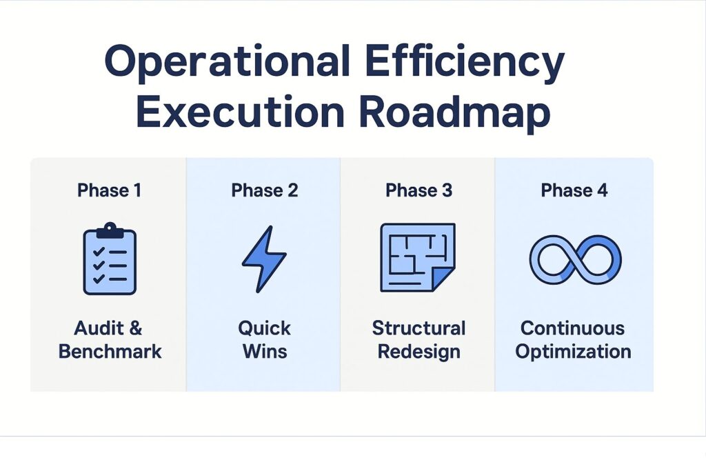 Horizontal infographic showing the four phases of the Operational Efficiency Execution Roadmap: Audit & Benchmark, Quick Wins, Structural Redesign, and Continuous Optimization.