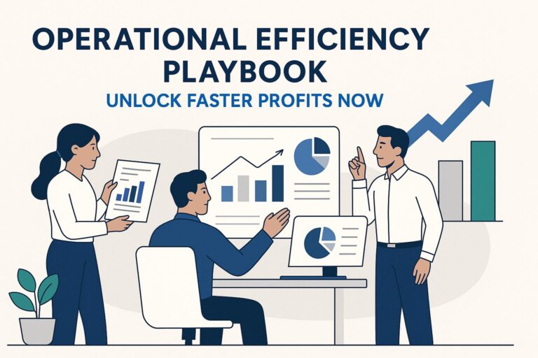 Illustration of business professionals analyzing charts and graphs with upward growth arrows, representing the Operational Efficiency Playbook to unlock faster profits