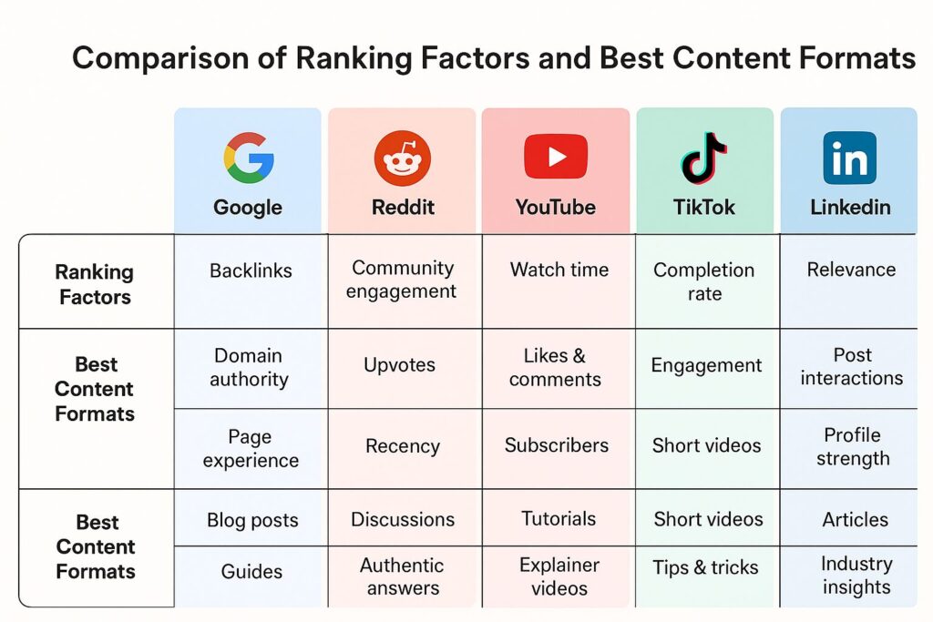 Comparison table of search ranking factors and best content formats for Google, Reddit, YouTube, TikTok, and LinkedIn in 2025