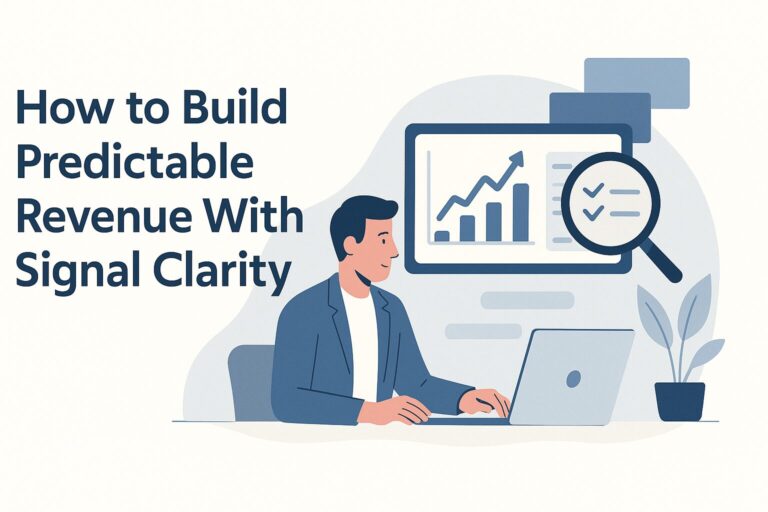 Flat-style illustration of a business professional analyzing forecasting data on a laptop with the headline How to Build Predictable Revenue With Signal Clarity