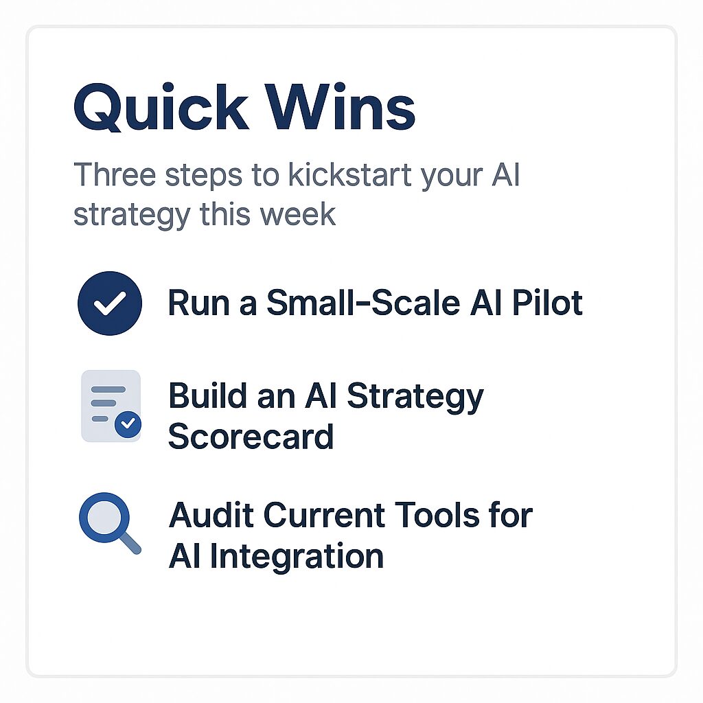 Quick Wins checklist card showing three AI strategy steps with icons and a border.