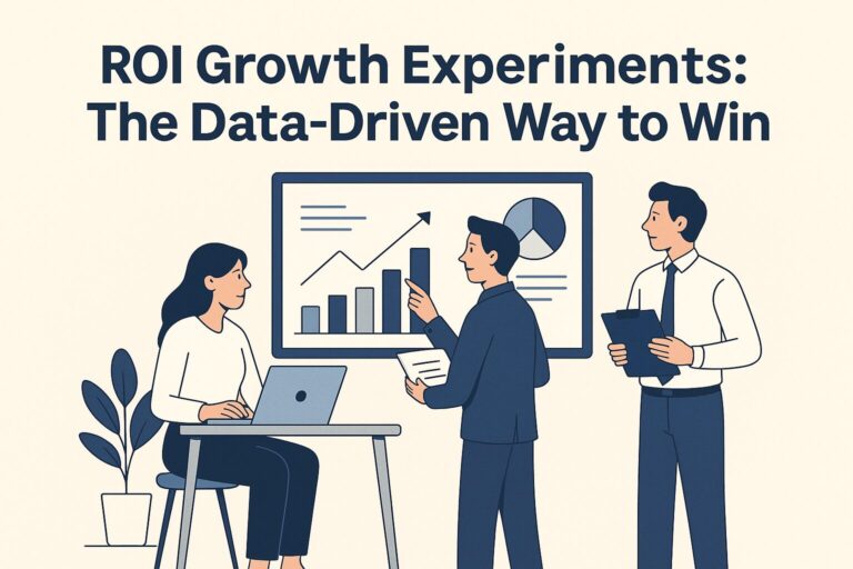 Flat-style illustration of a business team analyzing ROI growth experiments on a dashboard with revenue charts and metrics