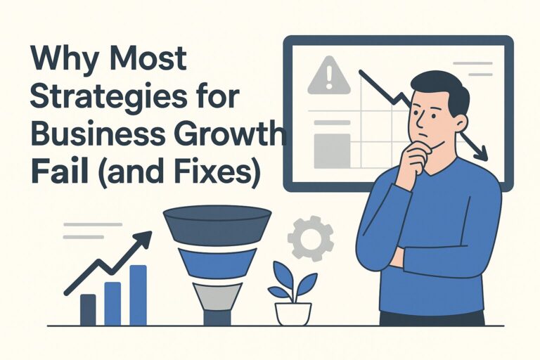 Flat-style illustration showing a business professional analyzing a downward graph, with a funnel, chart, and gear icon representing failing business growth strategies and operational fixes.
