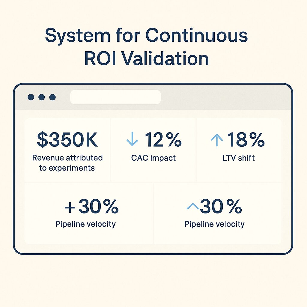 Flat-style dashboard mockup showing KPIs for revenue attributed to experiments, CAC impact, LTV shift, and pipeline velocity