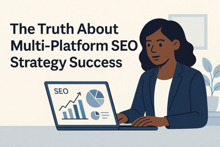 Flat-style professional illustration of an African-American businesswoman analyzing SEO data on a laptop, used as the cover image for the article The Truth About Multi-Platform SEO Strategy Success