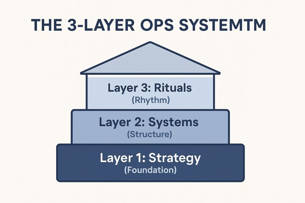 Flat-style infographic showing the 3-Layer Ops System with Strategy as the foundation, Systems as structure, and Rituals as rhythm.