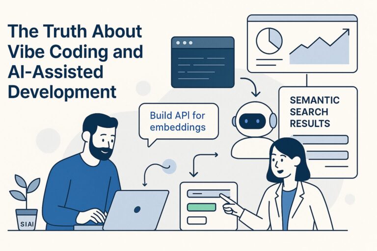 Modern flat-style illustration of the vibe coding framework showing developers guiding AI assistants with prompts, embeddings, and adaptive product integrations.