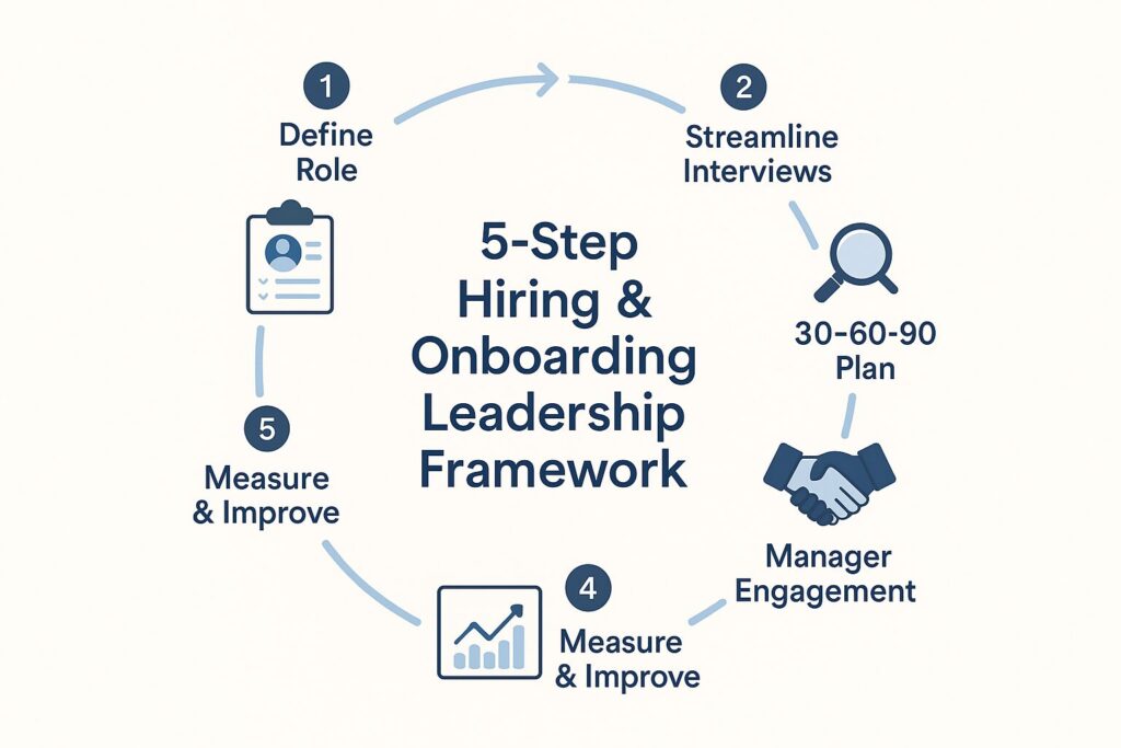 Flat-style infographic showing five steps in a leadership-driven hiring and onboarding process with icons for role definition, interviews, onboarding plan, manager engagement, and measurement.