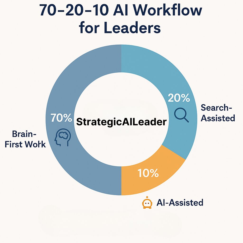 Flat-style infographic donut chart showing the 70–20–10 AI workflow model. 70% Brain-First Work (strategy, analysis, writing), 20% Search-Assisted (research, fact-check, data), and 10% AI-Assisted (draft refinement, automation).