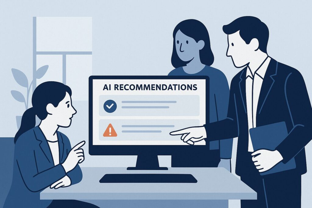 Illustration of sales team evaluating AI recommendations with flagged alerts and human judgment
