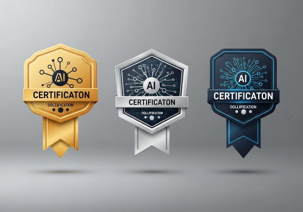 Gold, silver, and blue Best AI Certifications 2025 symbolizing different levels of achievement in artificial intelligence learning