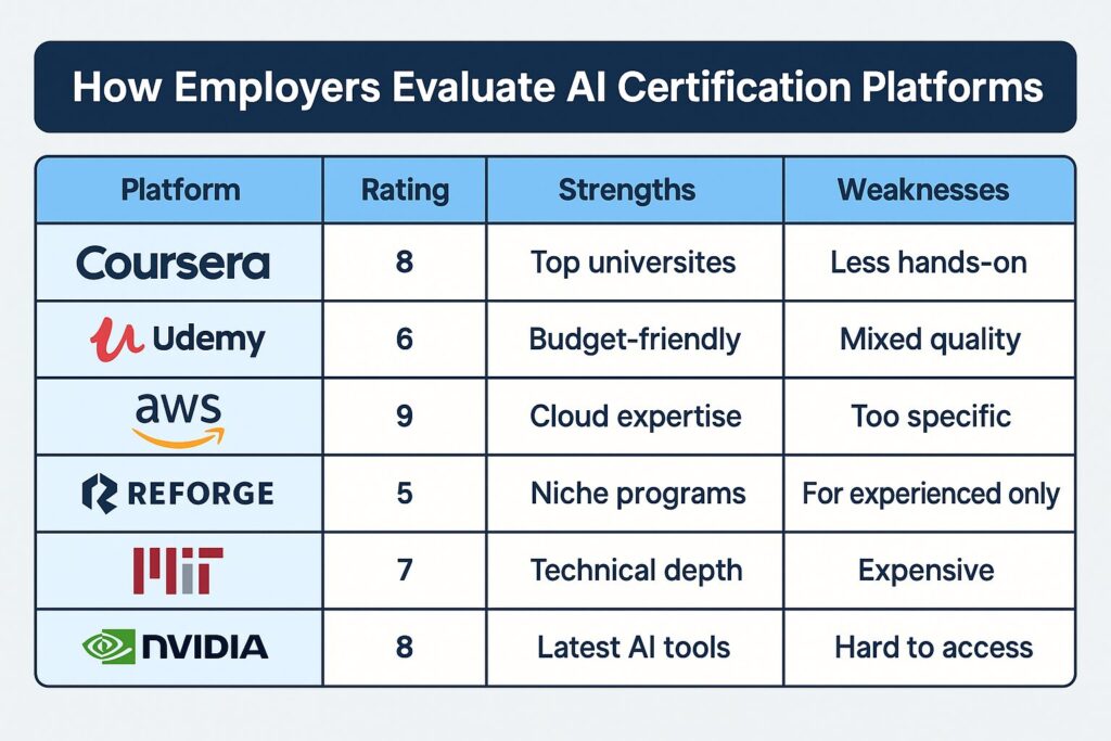 Flat-style comparison table showing Coursera, Udemy, AWS, Reforge, MIT, and NVIDIA with employer ratings, strengths, and weaknesses