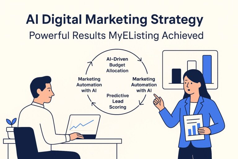 16:9 flat-style illustration with title “AI Digital Marketing Strategy: Powerful Results MyEListing Achieved” and corrected five-part loop diagram