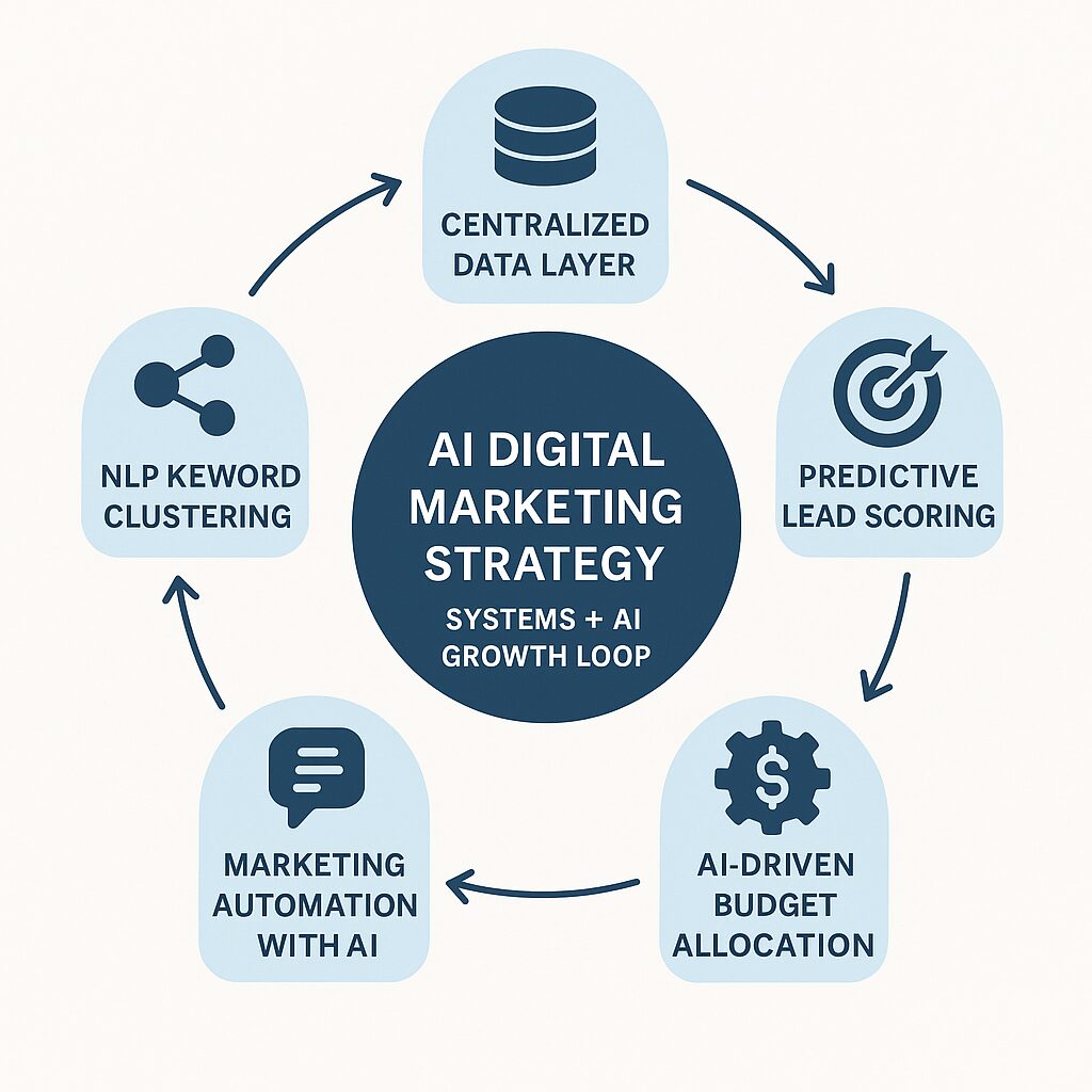 Diagram showing AI digital marketing strategy loop with centralized data, predictive lead scoring, NLP keyword clustering, marketing automation, and AI-driven budget allocation