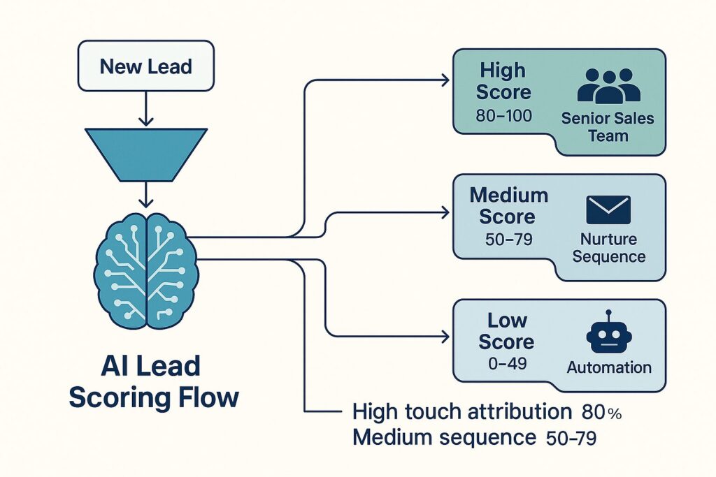 Flat-style B2B flowchart showing AI lead scoring process. A new lead enters a funnel, analyzed by an AI brain, then routed to three outcomes: High Score (80–100) to Senior Sales Team, Medium Score (50–79) to Nurture Sequence, and Low Score (0–49) to Automation.