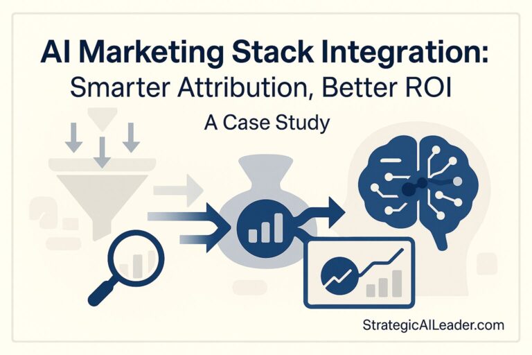 Flat-style B2B hero image with title “AI Marketing Stack Integration: Smarter Attribution, Better ROI – A Case Study” featuring attribution funnel, arrows merging into hub, and AI brain with data nodes.