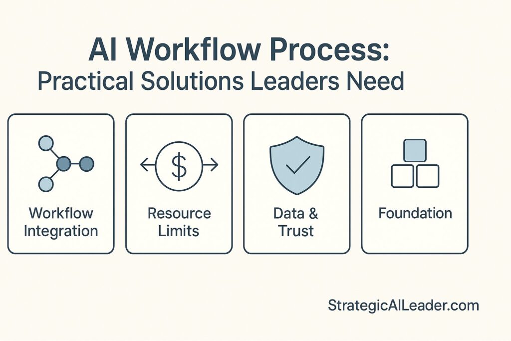 Flat-style infographic showing four AI workflow barriers and solutions: workflow integration, resource limits, data and trust, and foundation