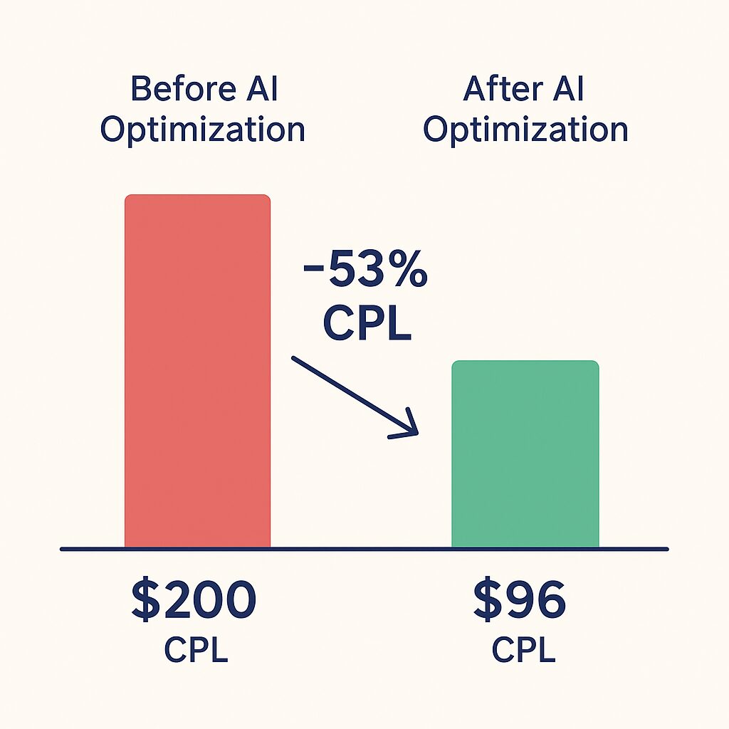 Flat-style infographic showing cost per lead drop from $200 before AI optimization to $96 after AI optimization with a 53% reduction