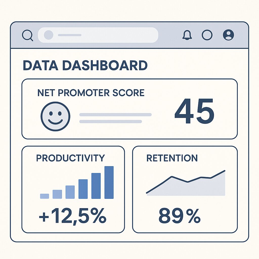 Flat-style mock data dashboard showing Net Promoter Score, productivity, and retention metrics in a minimalist professional design.
