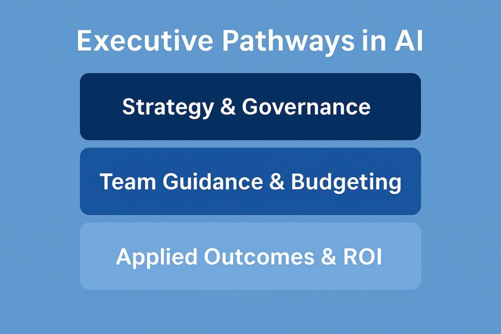 Flat-style infographic showing three stacked layers labeled Strategy & Governance, Team Guidance & Budgeting, and Applied Outcomes & ROI