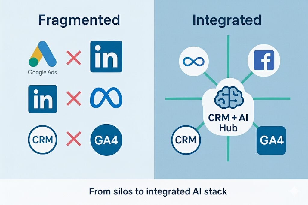 Flat-style B2B illustration comparing fragmented marketing stack with disconnected Google Ads, LinkedIn, Meta, GA4, and CRM icons versus integrated stack connected to a central CRM + AI hub.
