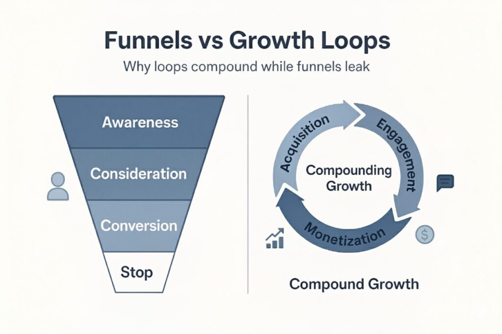 Flat-style infographic comparing funnels and growth loops. Funnel shows awareness, consideration, conversion, and stop with growth stopping, while the loop shows acquisition, engagement, monetization, and retention driving compounding growth.
