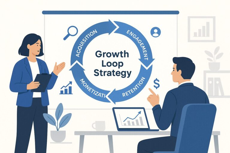 Flat-style illustration showing growth loop strategy with four stages: acquisition, engagement, monetization, and retention, with two professionals collaborating