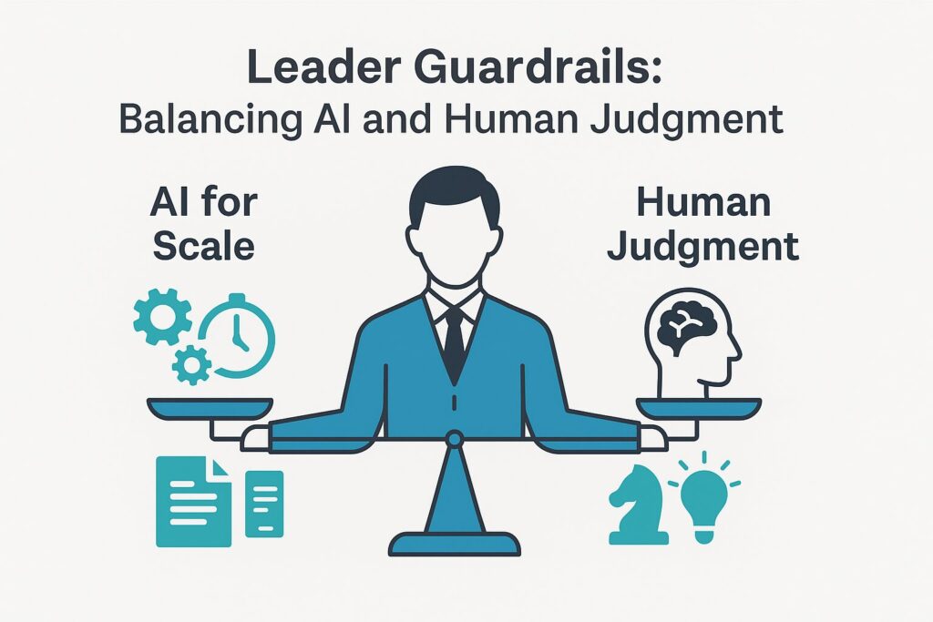 Flat-style infographic showing a leader holding a balanced scale. Left side labeled AI for Scale with icons for documents, automation, and quick output. Right side labeled Human Judgment with icons for strategy, critical thinking, and creativity.