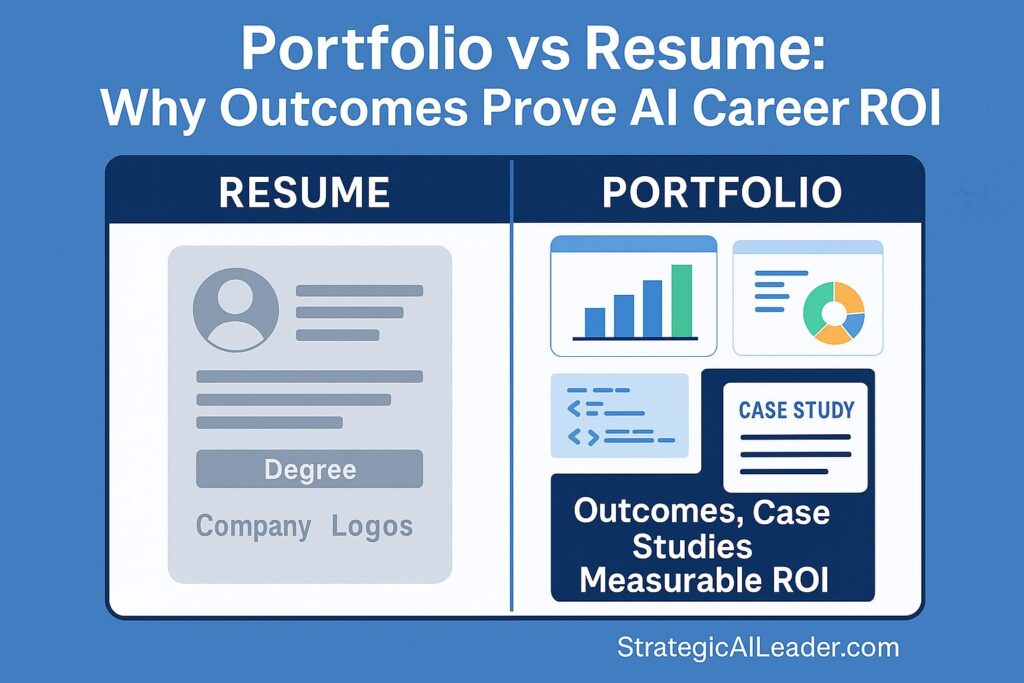 Flat-style infographic comparing a faded gray resume with titles and degrees on the left to a colorful portfolio on the right featuring dashboards, adoption charts, and case studies, branded with StrategicAILeader.com
