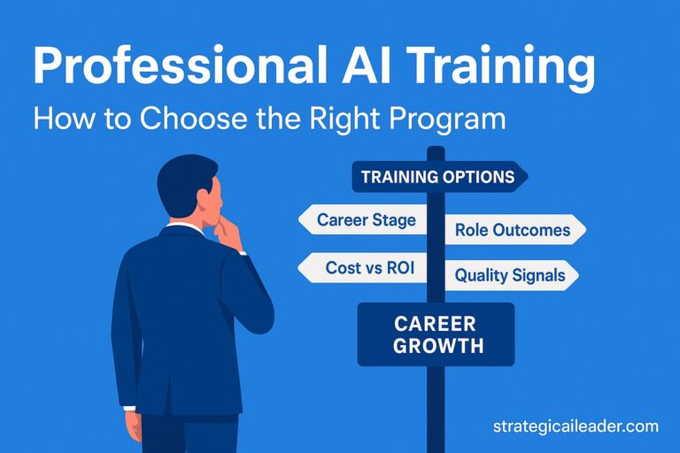 Flat-style illustration of a professional evaluating AI training options with four signposts labeled Career Stage, Role Outcomes, Cost vs ROI, and Quality Signals leading toward Career Growth