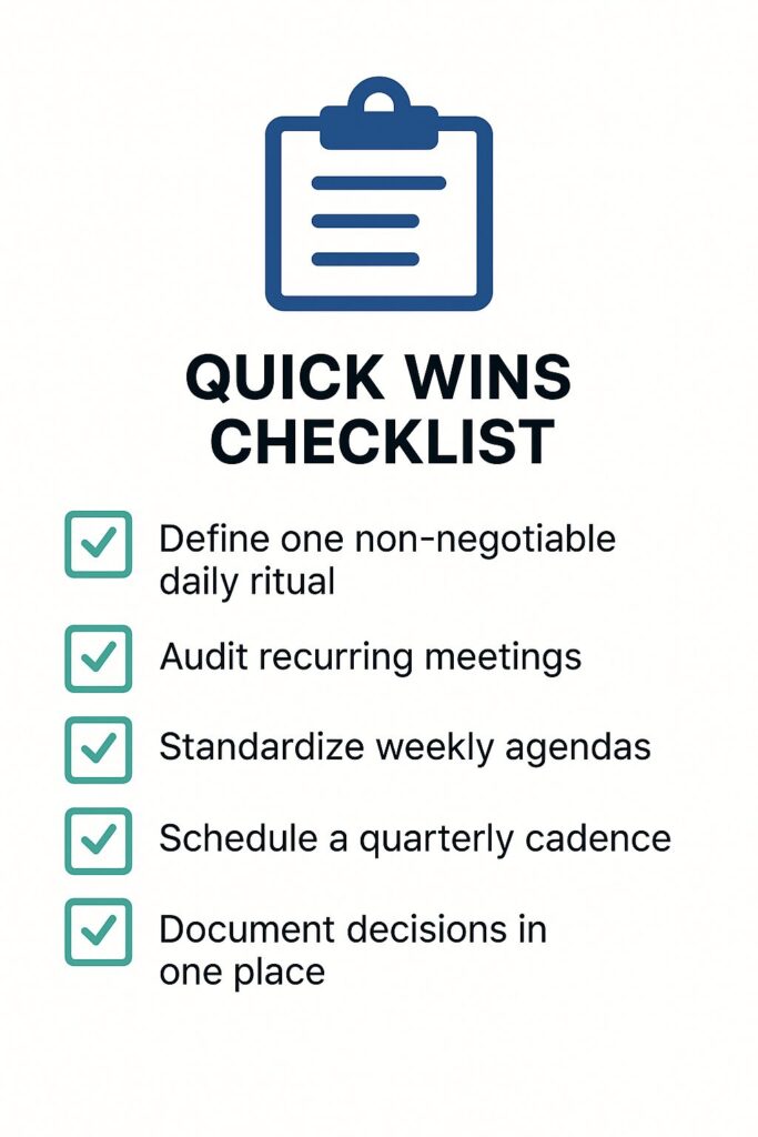 Flat-style checklist graphic showing five quick wins for COO Ops rituals: define daily ritual, audit meetings, standardize agendas, schedule quarterly cadence, and document decisions.