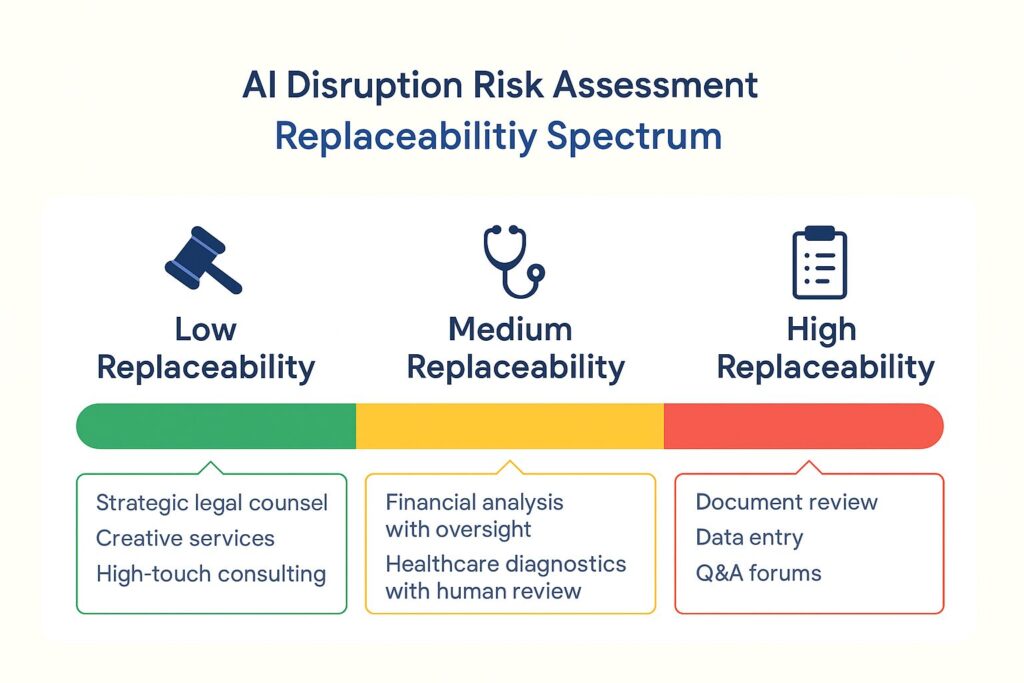 Flat-style illustration of the Replaceability Spectrum showing low, medium, and high AI disruption risk across product types such as legal counsel, financial analysis, and data entry.