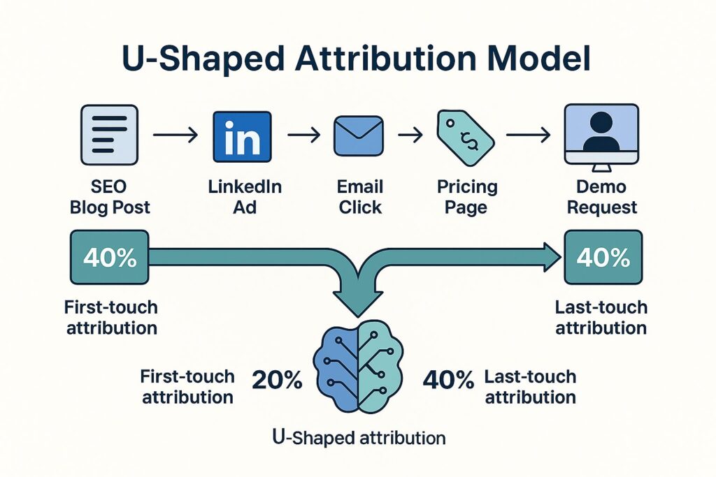 Flat-style B2B infographic showing a U-shaped multi-touch attribution model with six touchpoints from SEO blog post to demo request. First and last touches emphasized at 40% each, middle touches evenly split at 5% each.