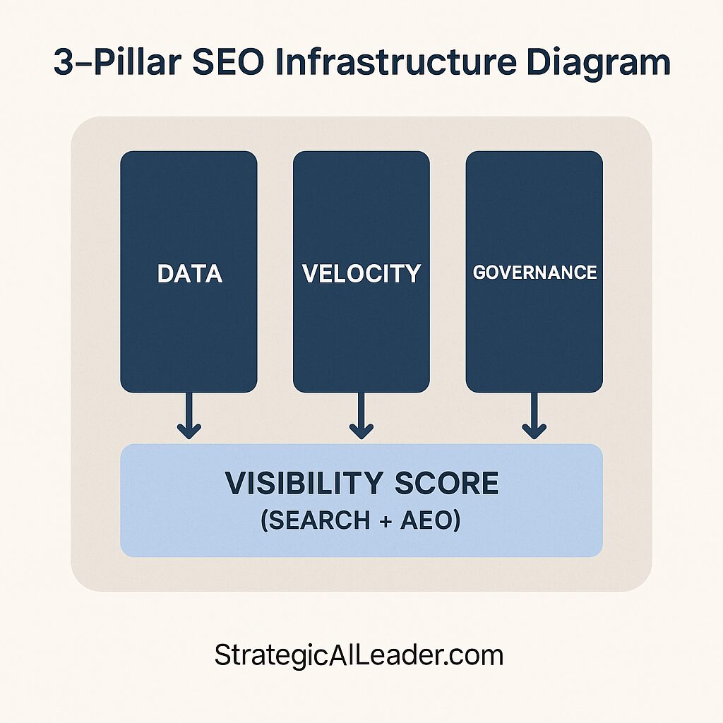 Flat-style infographic showing the three pillars of enterprise SEO infrastructure — Data, Velocity, and Governance — feeding into Visibility Score (Search + AEO).