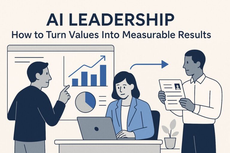 Flat-style illustration of AI leadership showing leaders with dashboards and systems, representing values and measurable results