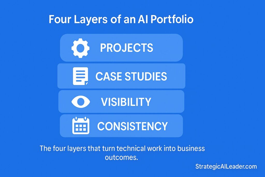 Flat-style stacked layers diagram with icons showing projects, case studies, visibility, and consistency, branded with StrategicAILeader.com