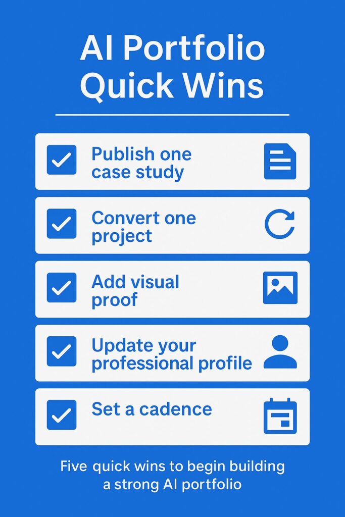 Checklist graphic showing five quick actions to build an AI portfolio