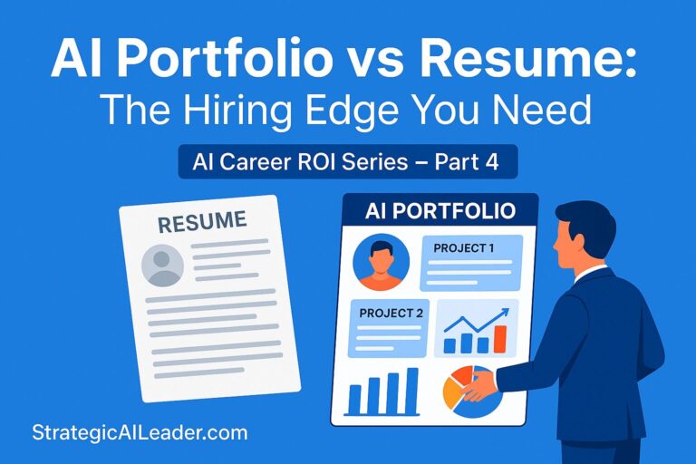 Flat illustration emphasizing an AI portfolio over a traditional resume with recruiter preference